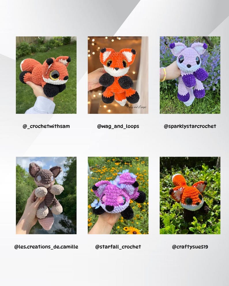 Puede incluir: Colecci&oacute;n de seis peluches de zorro de ganchillo en varios colores, incluyendo naranja, morado y marr&oacute;n. Cada peluche tiene detalles en negro y ojos grandes y expresivos. La imagen muestra art&iacute;culos de artesan&iacute;a hechos a mano.