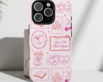 Etui na telefon Bookish: Różowe etui na książkę z rysunkiem dla czytelnika