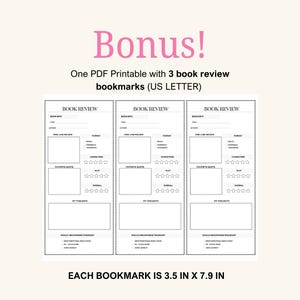 Puede incluir: Un PDF imprimible con tres marcadores de rese&ntilde;as de libros. Cada marcador mide 8,9 cm por 20,1 cm. Los marcadores tienen secciones para informaci&oacute;n del libro, una rese&ntilde;a de una l&iacute;nea, calificaciones de personajes, una cita favorita, calificaciones de la trama, calificaciones generales y pensamientos.