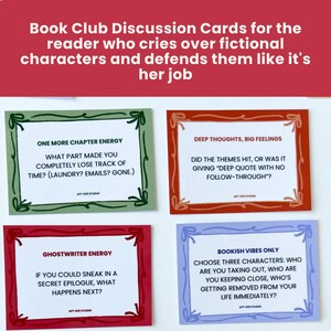 May include: Four colorful book club discussion cards with text prompts. The cards are green, red, orange, and blue, each with a unique question to spark conversation. The top of the image has text that reads "Book Club Discussion Cards".