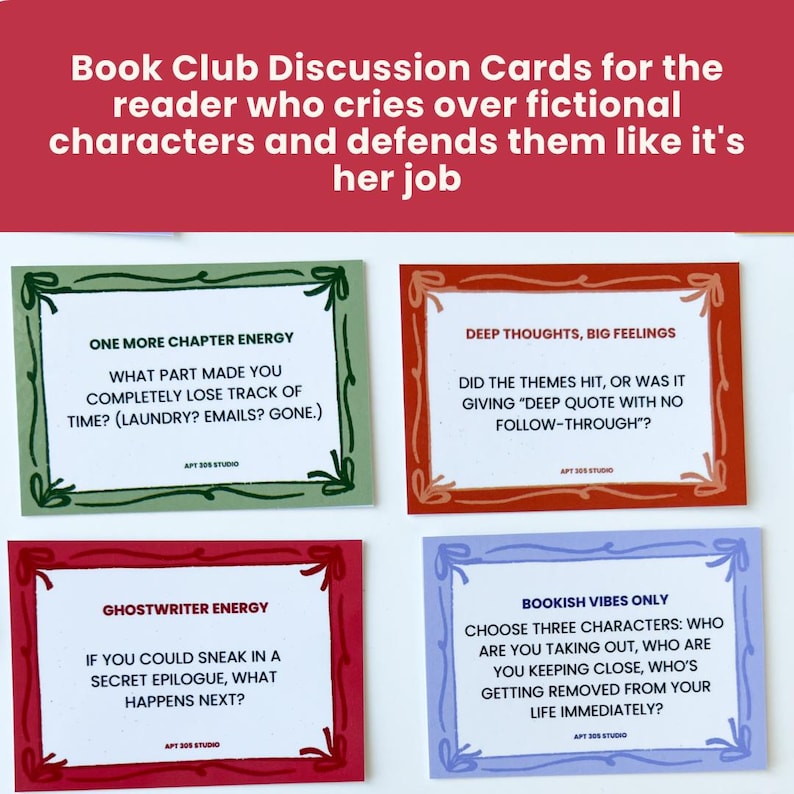 May include: Four colorful book club discussion cards with text prompts. The cards are green, red, orange, and blue, each with a unique question to spark conversation. The top of the image has text that reads "Book Club Discussion Cards".