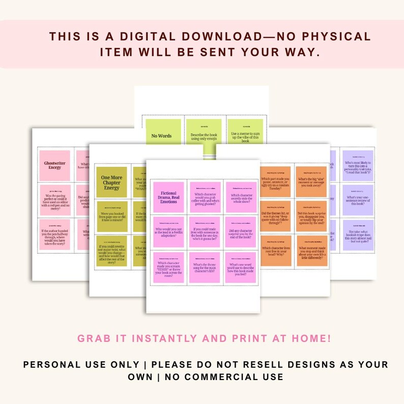 Puede incluir: Descarga digital de indicaciones de libros imprimibles. El dise&ntilde;o presenta varias hojas con cuadrados coloridos y texto. El texto incluye frases como "Ghostwriter Energy" y "Fictional Drama, Real Emotions". El texto superior dice "THIS IS A DIGITAL DOWNLOAD - NO PHYSICAL ITEM WILL BE SENT YOUR WAY."