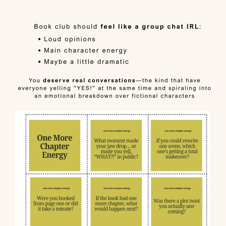 Puede incluir: Gr&aacute;fico con texto sobre discusiones de clubes de lectura. El texto incluye frases como "Opiniones fuertes" y "Energ&iacute;a del personaje principal". La imagen tambi&eacute;n presenta preguntas de discusi&oacute;n como "&iquest;Qu&eacute; momento te dej&oacute; boquiabierto... o te hizo gritar '&iquest;QU&Eacute;?!' en p&uacute;blico?"