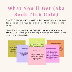 Puede incluir: Un archivo PDF digital titulado "What You'll Get (aka Book Club Gold)" con preguntas para debates de clubes de lectura. Incluye notas adhesivas de colores con preguntas como "&iquest;Qu&eacute; escribir&iacute;as como ep&iacute;logo secreto?"