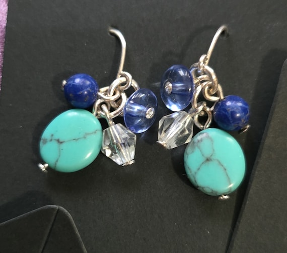 Vintage lot 5 sets of earrings Blue n Teal Mix Pi… - image 2