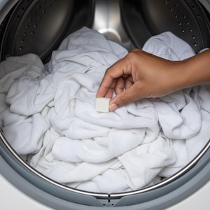 May include: A hand holding a small, square, white laundry detergent pod above a washing machine drum filled with white towels and linens. The washing machine is stainless steel.