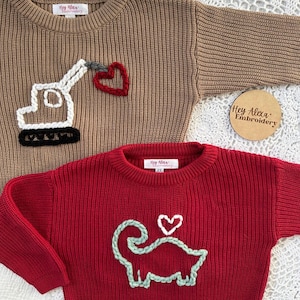 Valentine’s Day Sweater | Valentine’s Day Outfit | Hearts | Crane | Dinosaur | Excavator | Embroidered Sweater | Baby Gift | Toddler Gift