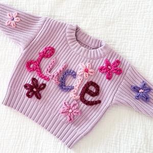 Custom Baby Sweater Custom Toddler Sweater Name Sweater Embroidered Sweater Birthday Outfit Baby Announcement Baby Gift image 1