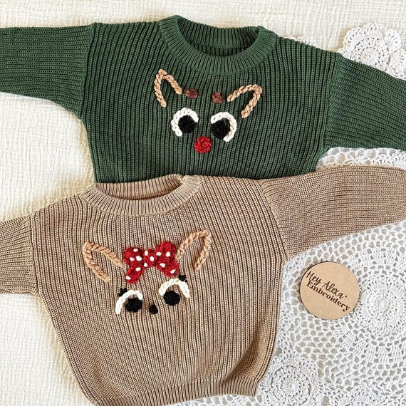 Hand Embroidered Reindeer Christmas Sweater: Holiday Outfit, Rudolph, Clarice