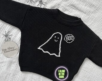 Glow in the Dark Ghost Sweater | Hand Embroidered Halloween Baby & Toddler | Halloween Outfit for Kids