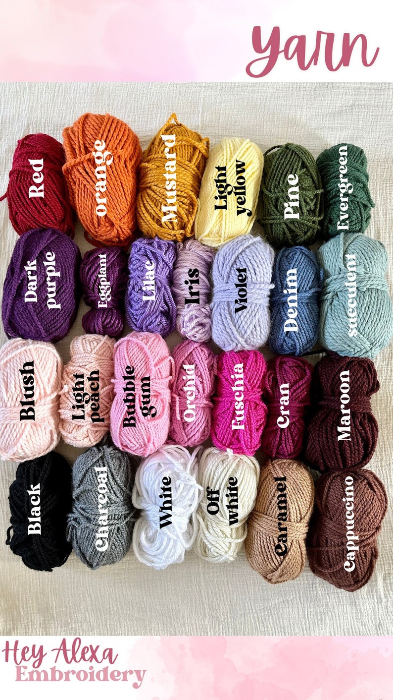 May include: A collection of yarn skeins in various colors, including red, orange, yellow, green, blue, purple, pink, white, brown, and black. The yarn is arranged in rows, with the colors alternating. The yarn is labeled with the color name.