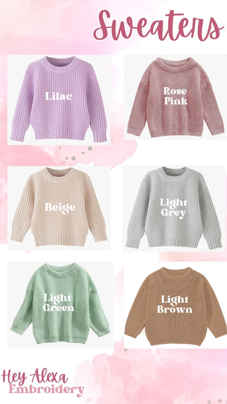 May include: Five different colored sweaters with white text on each. The sweaters are lilac, rose pink, beige, light grey, and light green. The text on the sweaters reads "Lilac", "Rose Pink", "Beige", "Light Grey", and "Light Green".