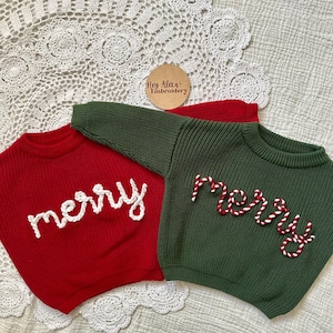 Embroidered Christmas Sweater: Custom Merry Holiday Sweater | Candy Cane Letters |