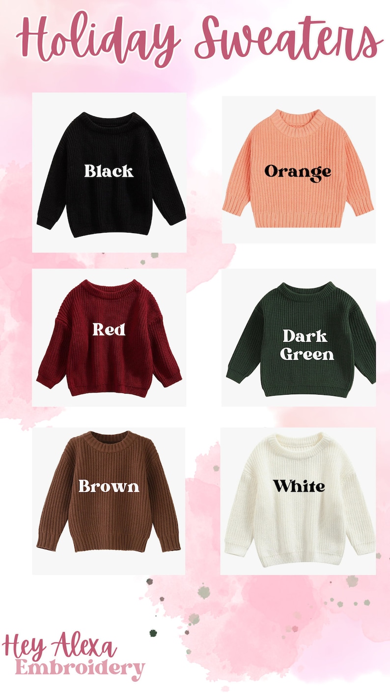 May include: Five different colored sweaters with the color name printed on each. The colors are black, orange, red, dark green, and white. The sweaters are all the same style, with a crew neck and long sleeves. The sweaters are all on a pink background with white polka dots.