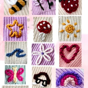 May include: A collection of 15 different embroidered designs on knitted fabric. The designs include a bee, a flower, a strawberry, a star, a mushroom, a sun, a wave, a flower, a heart, a butterfly, a car, a rainbow, a rainbow, a crescent moon, and a heart.