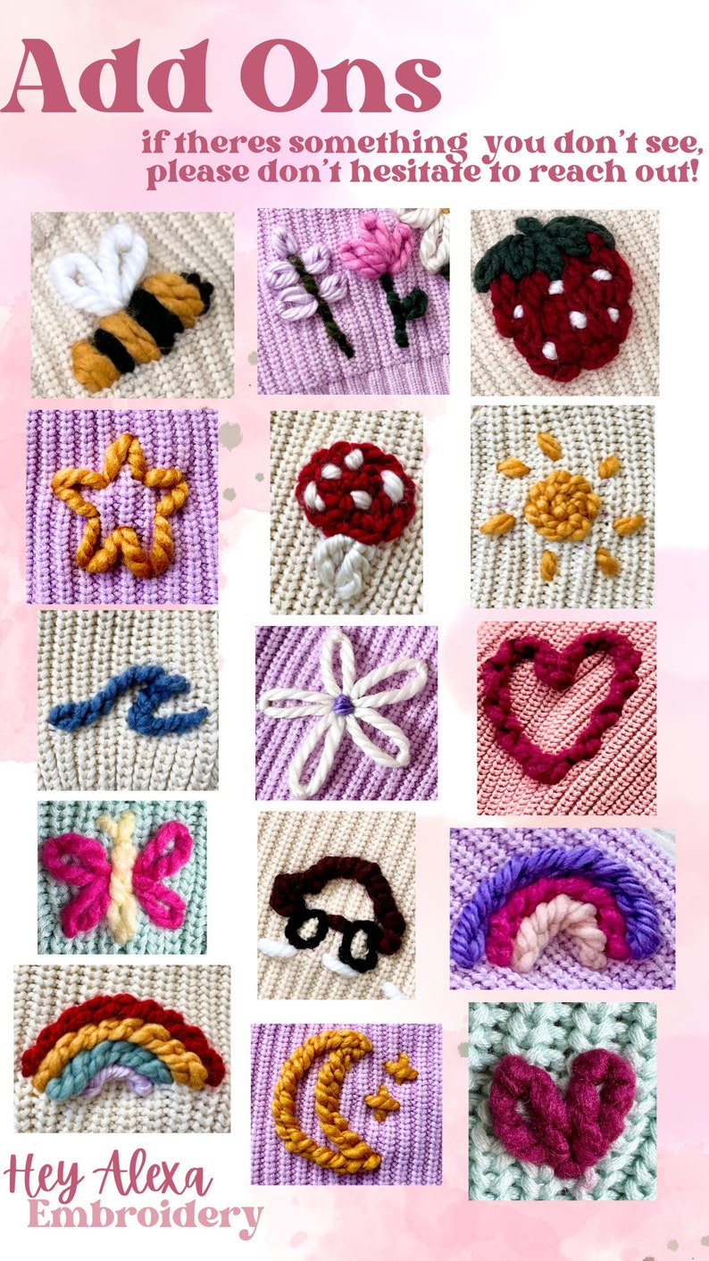 May include: A collection of 15 different embroidered designs on knitted fabric. The designs include a bee, a flower, a strawberry, a star, a mushroom, a sun, a wave, a flower, a heart, a butterfly, a car, a rainbow, a rainbow, a crescent moon, and a heart.