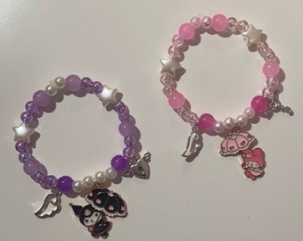 My Melody & Kuromi bracelet with beads / charm / pink / purple / kawaii / y2k