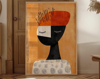 May include: Abstract art print featuring a stylized portrait of a person with closed eyes, wearing a red and orange hat. The background is a warm orange color.