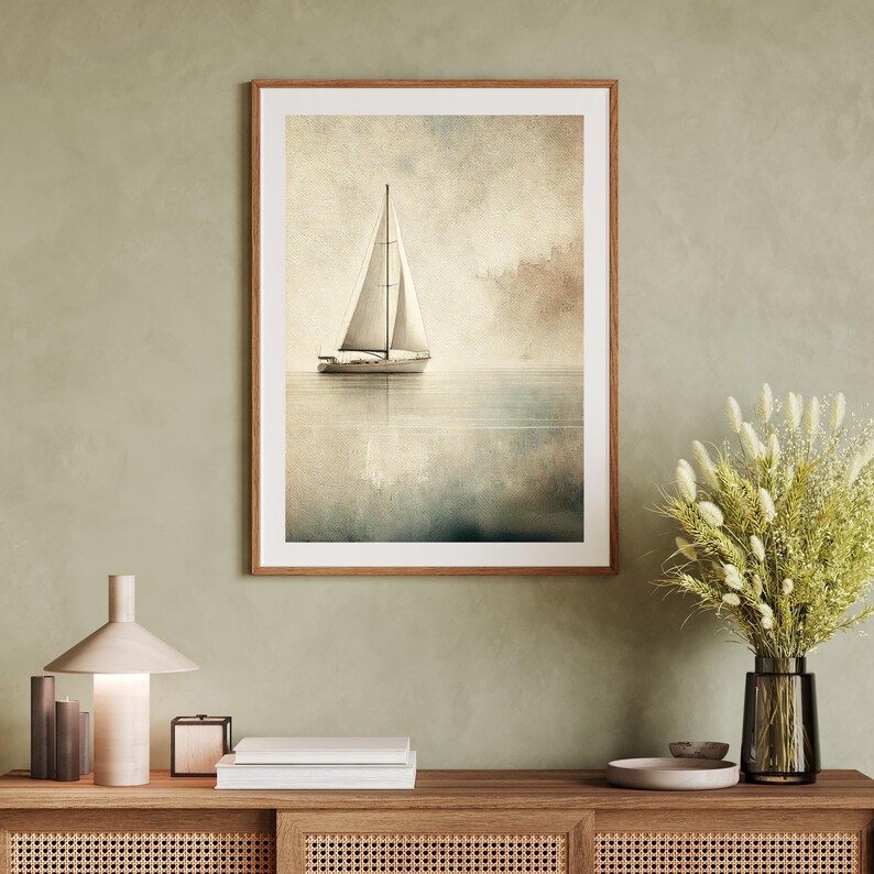 Vintage Sailboat Printable Digital Wall Art Neutral Coastal Aesthetic ...