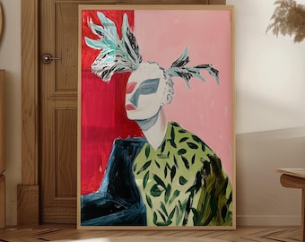 Puede incluir: Pintura abstracta de una figura con rostro blanco, labios rojos y maquillaje de ojos azul y rojo. La figura lleva una camisa verde con estampado de hojas y una chaqueta negra. El fondo está dividido en secciones rojas y rosas.