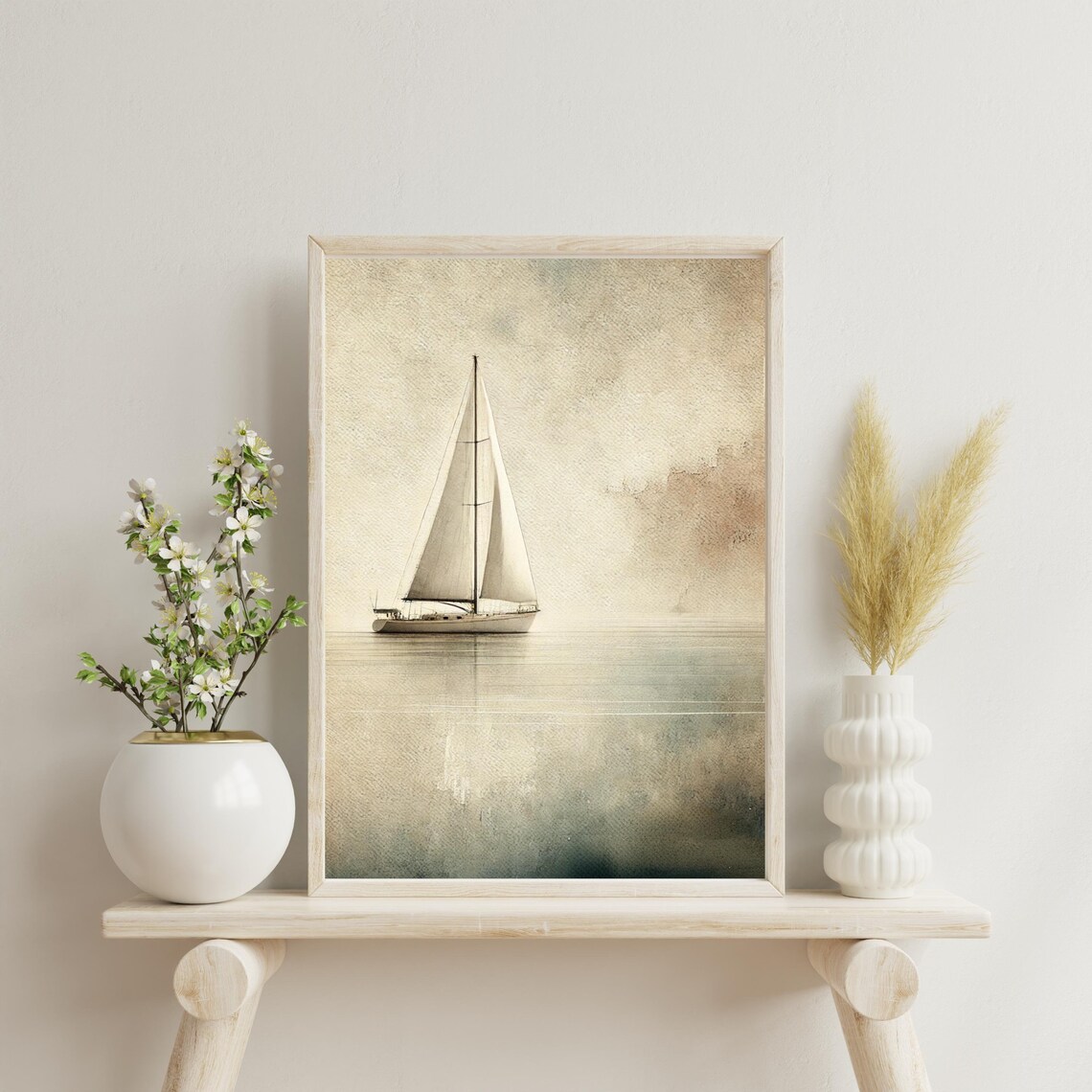 Vintage Sailboat Printable Digital Wall Art Neutral Coastal Aesthetic ...