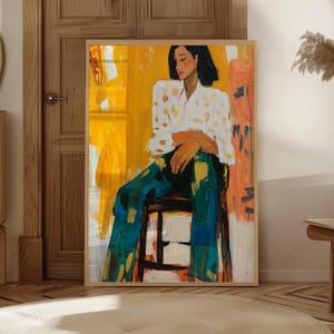 May include: A painting of a person sitting on a stool. The person is wearing a white shirt with polka dots and blue jeans. The background is yellow and orange.