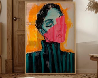 Puede incluir: Impresión artística abstracta de un retrato con ojos cerrados, una cara rosa y turquesa y un cuello alto a rayas negras y turquesas. El fondo es una mezcla de naranja y blanco.