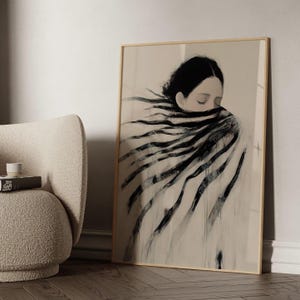 Frau in Streifen Abstrakte Malerei Neutral Beige Wandkunst Figurativer Druck Abstrakte Menschen Wandkunst Minimalistisches Poster Zeitgenössische Wandkunst