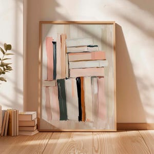 Impresión de amante de los libros, pila de libros, pintura, ratón de biblioteca, arte imprimible, arte abstracto de pared moderno, impresión minimalista, arte rosa pastel, descarga digital