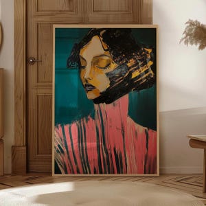 Emerald Green Decor Living Room Poster Abstract People Wall Art Figurative Print Modern Trendy Art Colourful Pink Poster Girly Wall Art