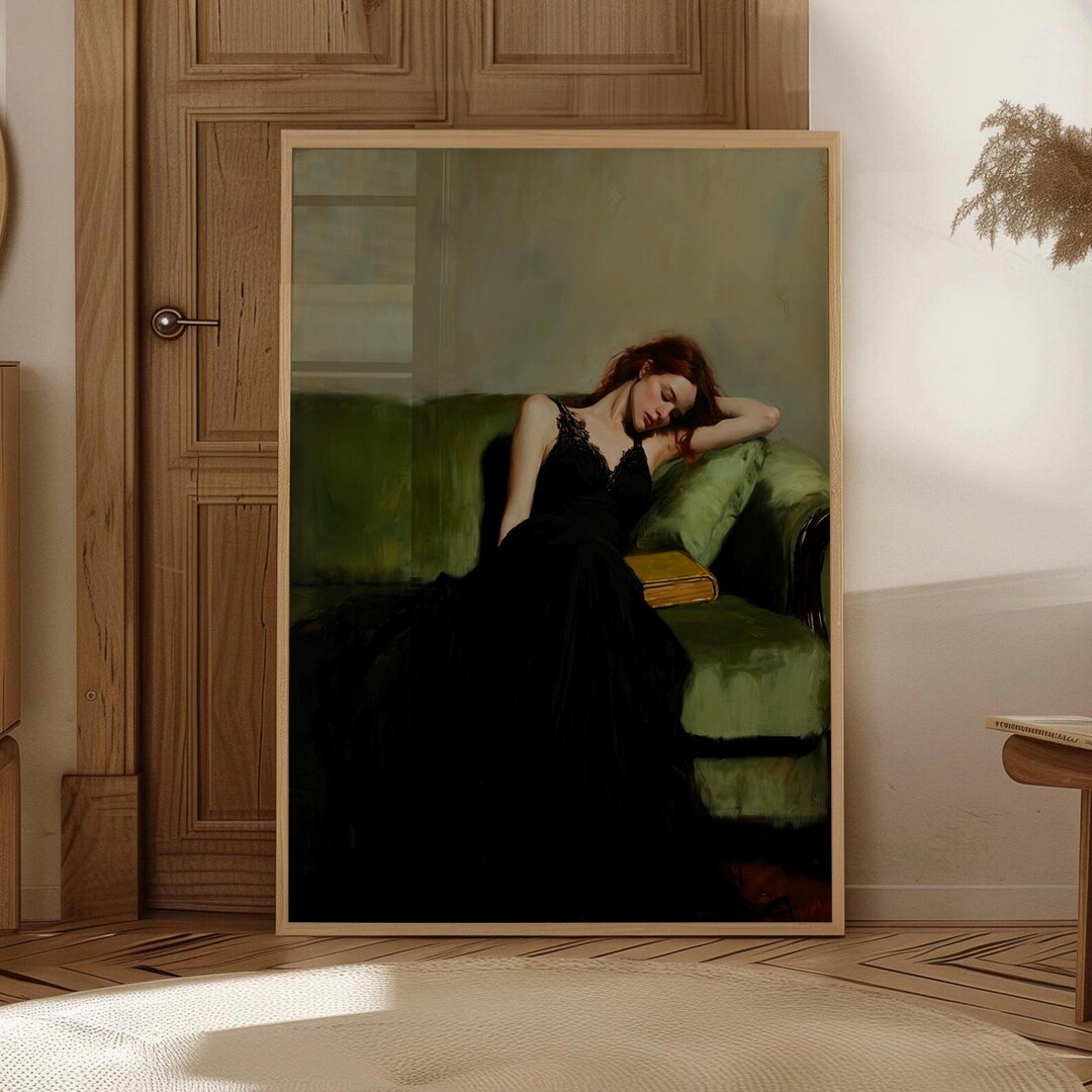 Woman on Green Couch Vintage Art Print: Figurative Living Room Decor ...