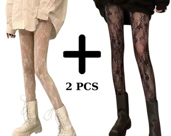 2pair White and Black Hollowed Out Lace Mesh Pantyhose Floral Rattan Bottomed Stockings