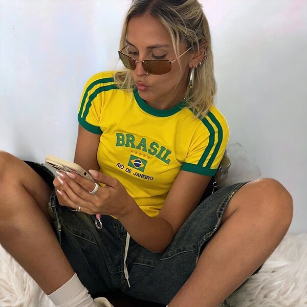 Angel Baby Y2K Brasilien Crop Top Baby Tee - Brasilien Jersey, Fußball Baby T-Shirt, Ästhetik der 90er Jahre, Brasil Baby Tee, brasilianisches Shirt, Brasil Top