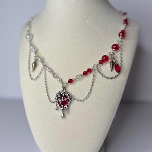Silver Bloody Pearl Red Heart Necklace | Heart Charm | Accessories | Pearl | Necklace | Y2K | Jewelry | Aesthetic | Beaded | Romantic Gothic