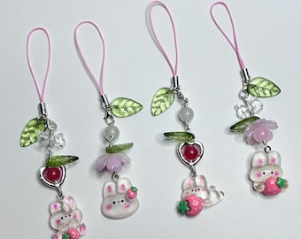 Cute Spring Bunny Phone Charm | Flower and Strawberry Accent