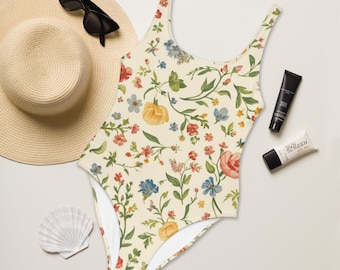 Classy Wildflowers One-Piece Swimsuit | Recycled Eco- Friendly Swimsuit Retro Floral Flower Swimsuit