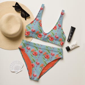 Classy Tropical Flamingo High Waisted Bikini Set | Floral Eco Friendly Beachwear Recycled Bikini Exotic Bird Swimsuit