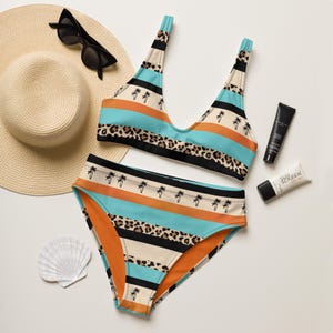 Palm Island High Waisted Bikini Set | Recycled Bikini Boho Minimalist Print Swimsuit Eco Friendly Beachwear Vintage Summer Swimsuit