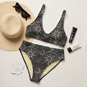Mystical Dark Night High Waisted Bikini Set | Nautical Recycled Bikini Pin Up Style Swimsuit Witchy Beachwear Celestial Space Bikini