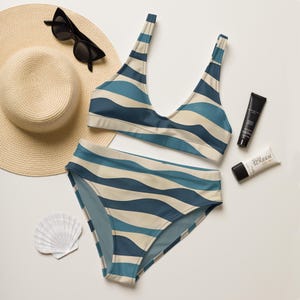 Ocean Waves High Waisted Bikini Set | Recycled Bikini Boho Minimalist Swimsuit Eco Friendly Beachwear Abstract  Swimsuit