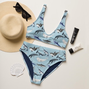 Nautical Narwhal & Hammerhead Shark High Waisted Bikini Set | Recycled Bikini Ocean Marine Life Whale Bathing Suit