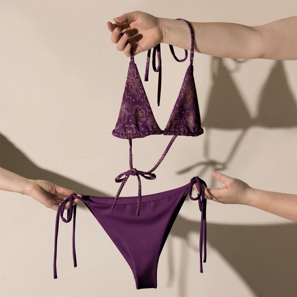 Deep Purple Floral String Bikini Set | Minimalist Recycled Eco Friendly Bikini Boho Beachwear Forest Wildlife Bathing Suit