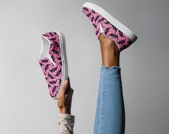 Alternative Pink Bat Canvas Shoes | Boho Wildlife Women’s Slip-On Canvas Shoes Mystical Animal Print Sneakers Trendy Nature Shoes