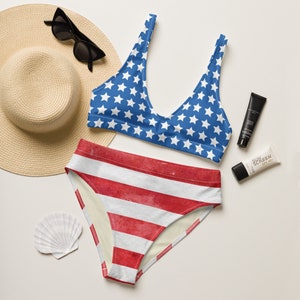Retro Red, White, & Blue High Waisted Bikini Set | Nautical Recycled Bikini Pin Up Style Swimsuit 4th Of July Beachwear Vintage Style Bikini