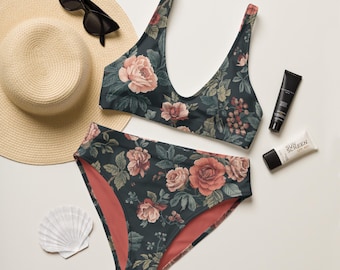 Vintage Rose High-Waisted Bikini | Tropical Minimalist Recycled Eco Friendly Bikini Boho Beachwear Nature Bathing Suit