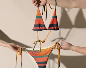 Sunrise Stripe String Bikini Set | Recycled Eco- Friendly Bikini Minimalist Swimsuit Ocean Surf Swimwear
