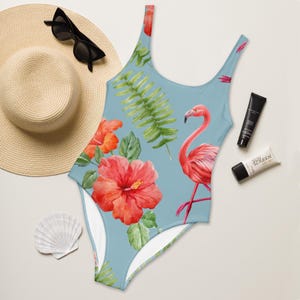 Tropical Flamingo One-Piece Swimsuit | Vintage Recycled Eco- Friendly Retro Bird Swimsuit Tropical Swimwear