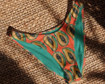 Orange Tropical Papaya V-Cut Bikini Bottom | Retro Fruit Recycled Bikini Boho Ocean Swimsuit Tropical Surf Bikini Bottom