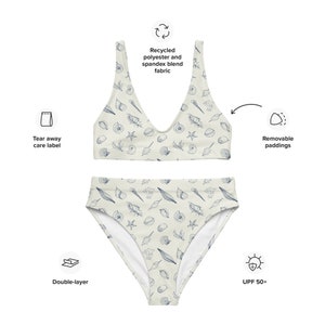 Caribbean Seashells High Wasted Bikini Set | Recycled Bikini Boho Minimalist Print Swimsuit Eco Friendly Beachwear Vintage Summer Swimsuit