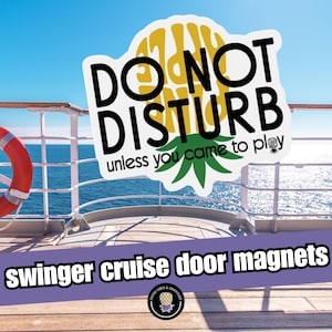 May include: A white magnet with the text "DO NOT DISTURB" in black, with a yellow pineapple design. The text "unless you came to play" is below. The words "swinger cruise door magnets" are at the bottom.